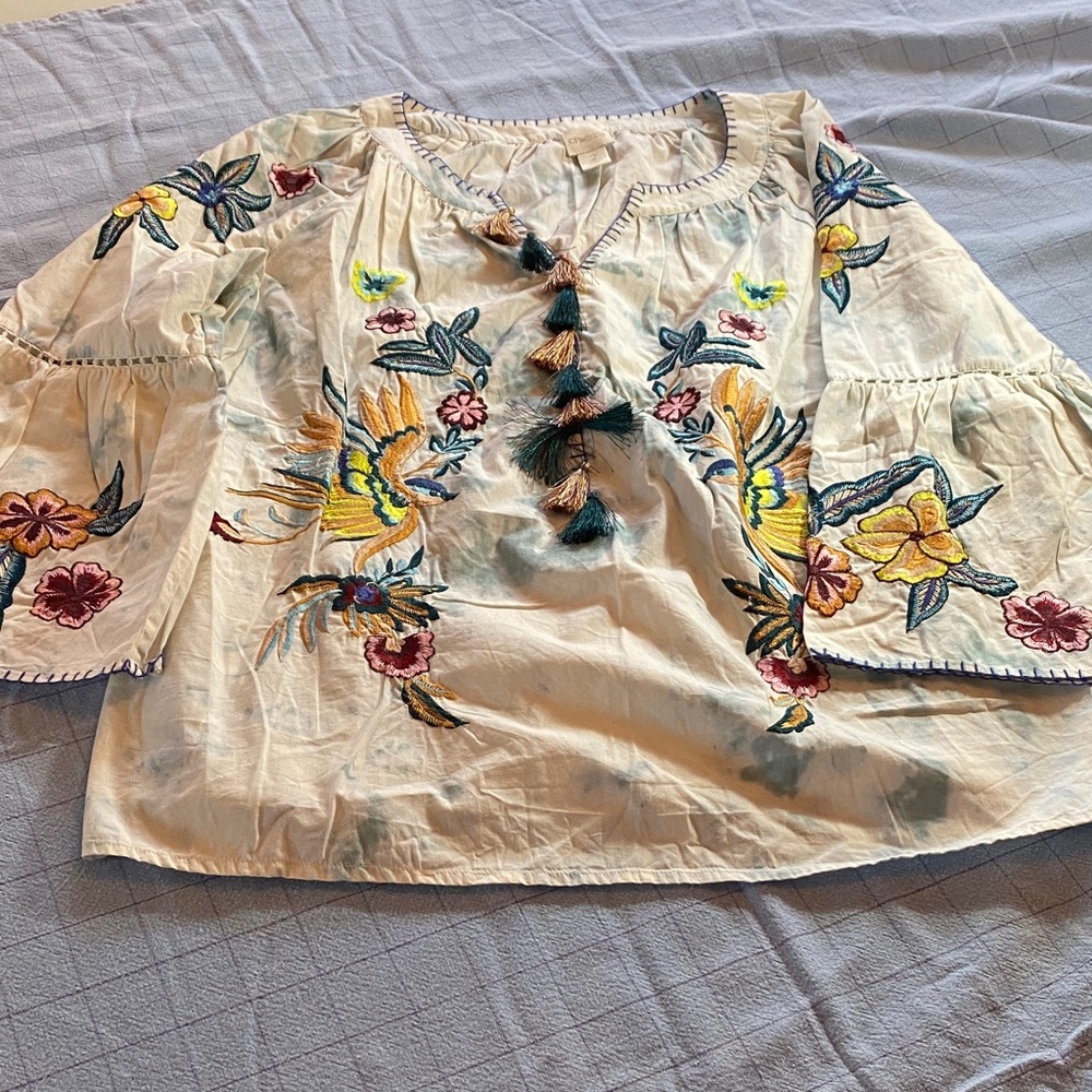 Chico's White Embroidered Peasant Blouse with Multicolor Floral Accents